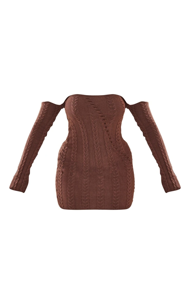 Shape Chocolate Brown Cable Knit Bardot Cut Out Bodycon Dress 5 Shape Chocolate Brown Cable Knit Bardot Cut Out Bodycon Dress - Image 5