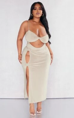 Plus Moss Sand Cut Out Side Midi Skirt