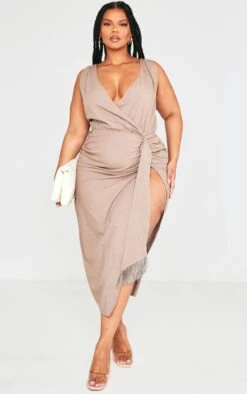 Plus Taupe Linen Look Drape Detail Midi Dress -VelvetMuse Store 68b6de280d5b57b37c6abcc7489b1b6df41bb595 cnd6514 1