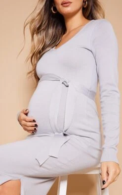 Maternity Grey V Neck Bodycon Dress With Tie -VelvetMuse Store 69481768976639a9de7d237345bf99e3f9eaf1e8 cnb2407 4