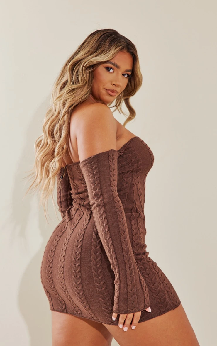 Shape Chocolate Brown Cable Knit Bardot Cut Out Bodycon Dress 2 Shape Chocolate Brown Cable Knit Bardot Cut Out Bodycon Dress - Image 2