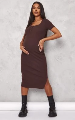 Maternity Chocolate Soft Knit Button Midi Dress -VelvetMuse Store 6d53a63cd8609e152c52837588ff0f387c6f1b4d cnb6479 3
