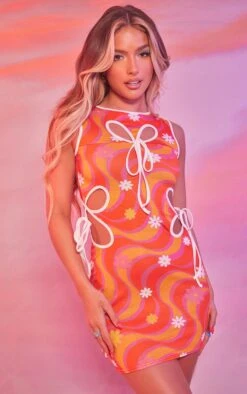 Multi Daisy Abstract Print Daisy Cut Out Tie Detail Bodycon Dress