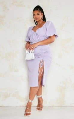 Plus Lilac Puff Sleeve Ruched Side Split Midi Dress 9 Plus Lilac Puff Sleeve Ruched Side Split Midi Dress -VelvetMuse Store 6ea7a52ab966ac602c7d99c4afca0a8989fe6f73 cne0627 1
