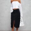 Washed Black Cargo Pocket Front Split Denim Midi Skirt