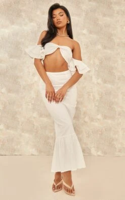 White Linen Look High Waist Split Hem Midi Skirt