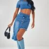 Indigo Blue Wash Raw Hem Asymmetric Denim Midi Skirt