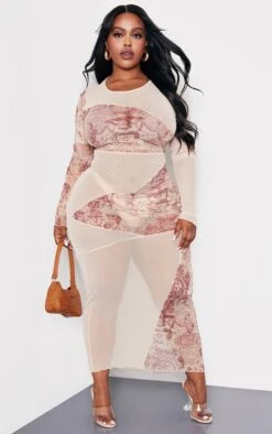 Plus Brown Statue Printed Contrast Mesh Midi Dress -VelvetMuse Store 73e1a65eb5c61f245897befdba069cb3b4f9023d cne0540 3