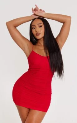 Shape Red Mesh Cup Detail Extreme Ruched Bodycon Dress
