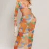 Orange Palm Tree Print Mesh Low Rise Midaxi Skirt