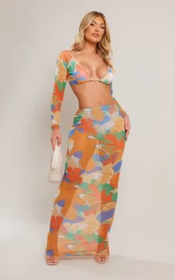 Orange Palm Tree Print Mesh Low Rise Midaxi Skirt