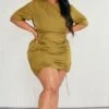 Plus Dark Olive Nylon Ruched Bodycon Dress