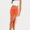 Burnt Orange Woven Ruched Detail Midi Skirt