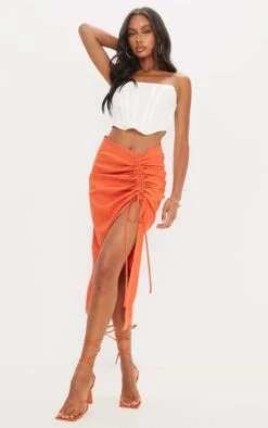 Burnt Orange Woven Ruched Detail Midi Skirt