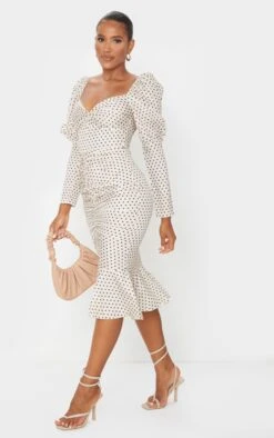 Nude Polka Dot Puff Sleeve Ruched Detail Frill Hem Midi Dress -VelvetMuse Store 7a4d11fac84e465496d7785136d16873f936c981 cmn7010 3
