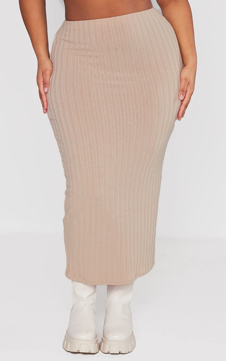 Plus Beige Ribbed High Waist Midi Skirt 2 Plus Beige Ribbed High Waist Midi Skirt - Image 2
