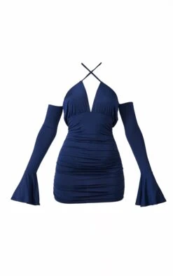 Ink Blue Slinky Bardot Tie Detail Flared Sleeve Bodycon Dress -VelvetMuse Store 835e863fe22604cb1fed43c176fa82305362fd54 cnc5910 5