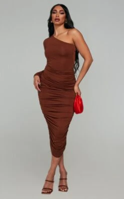 Chocolate Slinky One Shoulder Ruched Midi Dress -VelvetMuse Store 83b9651f93c2adee88a77ffa5002a79758498c46 cnc3061 3