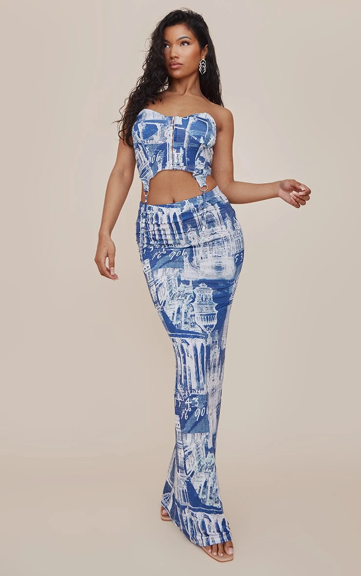 Blue Denim Print Slinky Low Rise Midaxi Skirt 1 Blue Denim Print Slinky Low Rise Midaxi Skirt