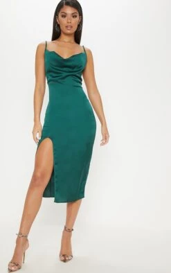 Emerald Green Strappy Satin Cowl Midi Dress