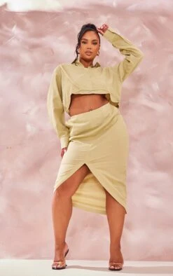 Plus Sage Green Linen Look Split Front Midi Skirt