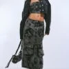 Black Acid Wash Cargo Pocket Midi Skirt