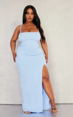 Plus Dusty Blue Crepe Side Split Midaxi Dress