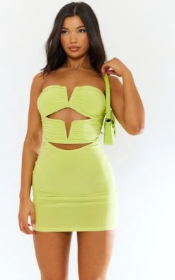 Lime Slinky Bandeau V Bar Detail Cut Out Bodycon Dress