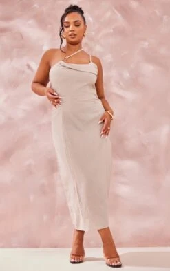 Plus Stone Linen Look Asymmetric Strap Midi Dress