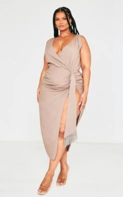 Plus Taupe Linen Look Drape Detail Midi Dress