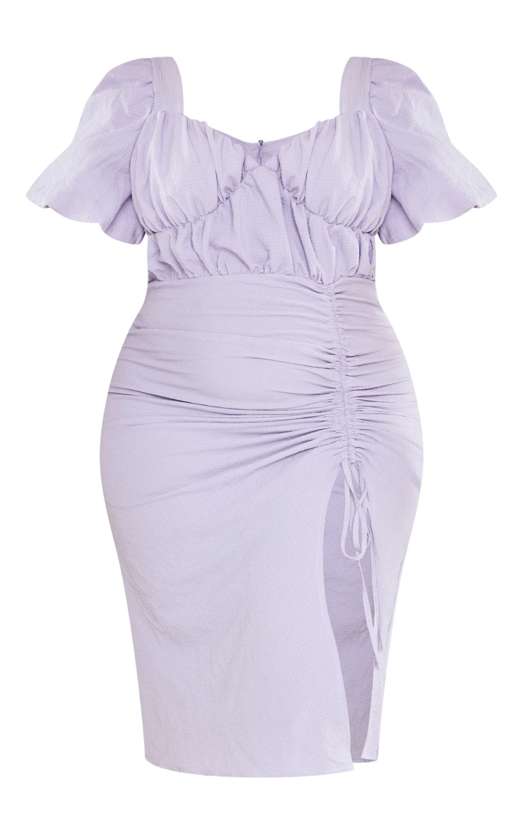 Plus Lilac Puff Sleeve Ruched Side Split Midi Dress 4 Plus Lilac Puff Sleeve Ruched Side Split Midi Dress - Image 4