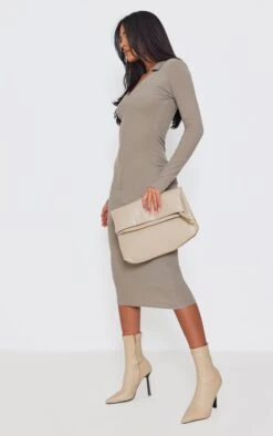 Tall Taupe Plunge Polo Neck Midi Dress