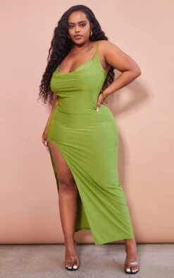 Plus Olive Slinky Cowl Side Split Midi Dress