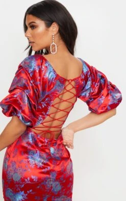 Red Floral Jacquard Lace Up Back Midi Dress -VelvetMuse Store 908201203236bd6c8dbf725c6b7330b270b8689d cmh1122 4