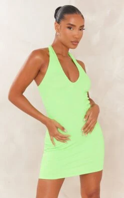 Lime Crinkle Flower Detail Halter Bodycon Dress