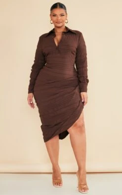 Plus Chocolate Textured Ruched Side Midi Shirt Dress