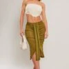Khaki Textured Jersey Drape Front Ruched Midi Skirt