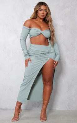 Shape Sage Green Stretch Woven Ruched Split Detail Midi Skirt