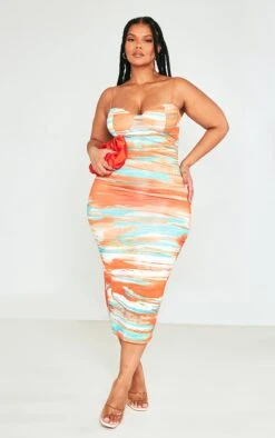 Plus Orange Abstract Print Crinkle Rib Cup Detail Midi Dress