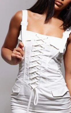 Cream Cargo Lace Up Detail Buckle Strap Bodycon Dress -VelvetMuse Store 9504915dae57545b9640562bab19df5f4d78b40f cnc7677 4