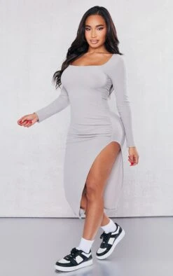 Shape Light Grey Brushed Rib Square Neck Split Side Midi Dress