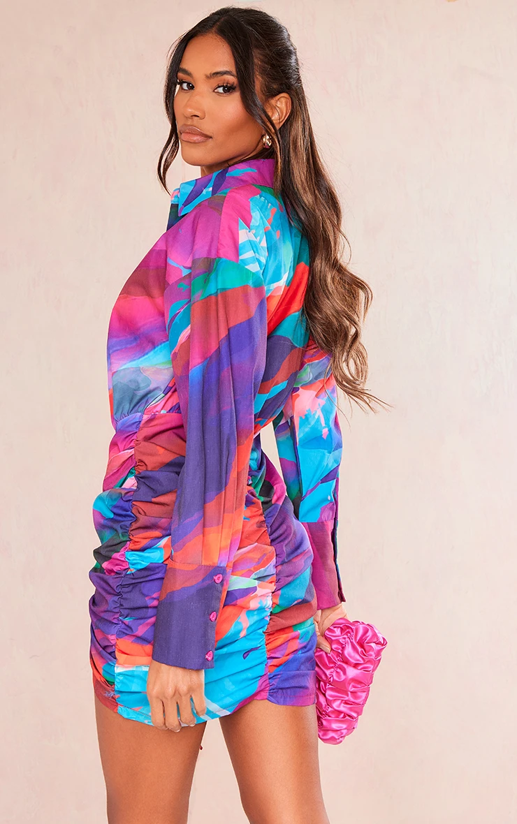 Multi Abstract Print Oversized Shirt Ruched Bodycon Dress 2 Multi Abstract Print Oversized Shirt Ruched Bodycon Dress - Image 2