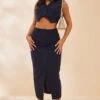 Navy Woven Split Hem Midi Skirt