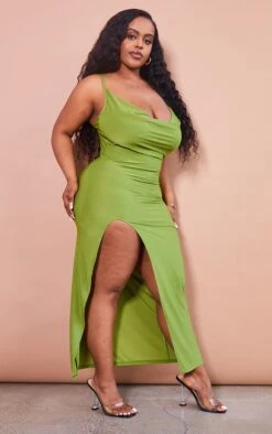 Plus Olive Slinky Cowl Side Split Midi Dress -VelvetMuse Store 984dedad03c70667119230196ba42fdda3d50e8a cmw3184 4