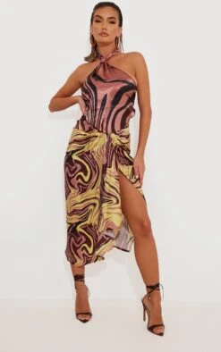 Mocha Printed Woven Open Drape Front Midi Skirt