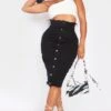 Shape Black Button Front Seam Detail Denim Midi Skirt