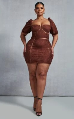 Plus Chocolate Lace Cup Detail Bodycon Dress