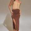 Chocolate Brown Slinky Ruched Side Midi Skirt