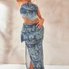 Blue Paisley Printed Satin Tie Waist Knot Front Midaxi Skirt
