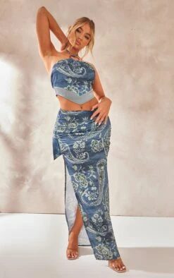 Blue Paisley Printed Satin Tie Waist Knot Front Midaxi Skirt